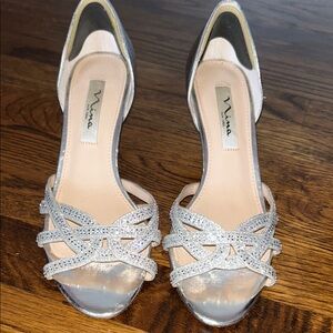 Nina Silver Crystal Open-Toe Evening Heels